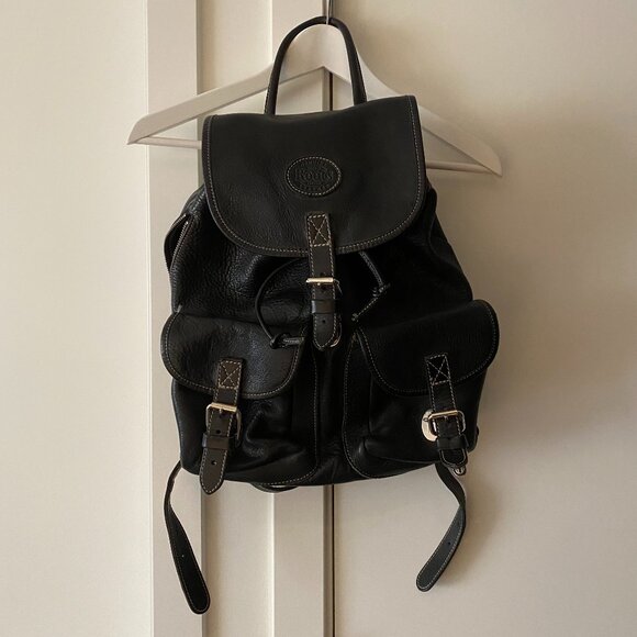 VINTAGE ROOTS LEATHER BACKPACK BLACK PREOWNED - Picture 1 of 16